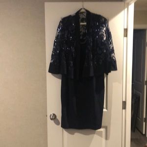 Mothers dress formal navy with sequin over coat see through bell sleeves.